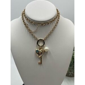 Juicy Couture LA Gold Tone Charm Necklace Key, Pearl, Heart with Crown New